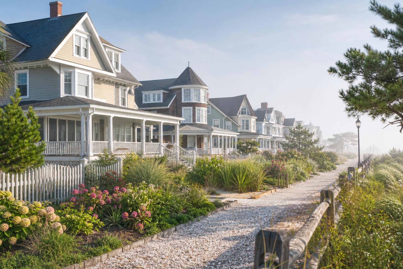 A row of large seaside houses lines a gravel path beside landscaped dunes under hazy sunlight.