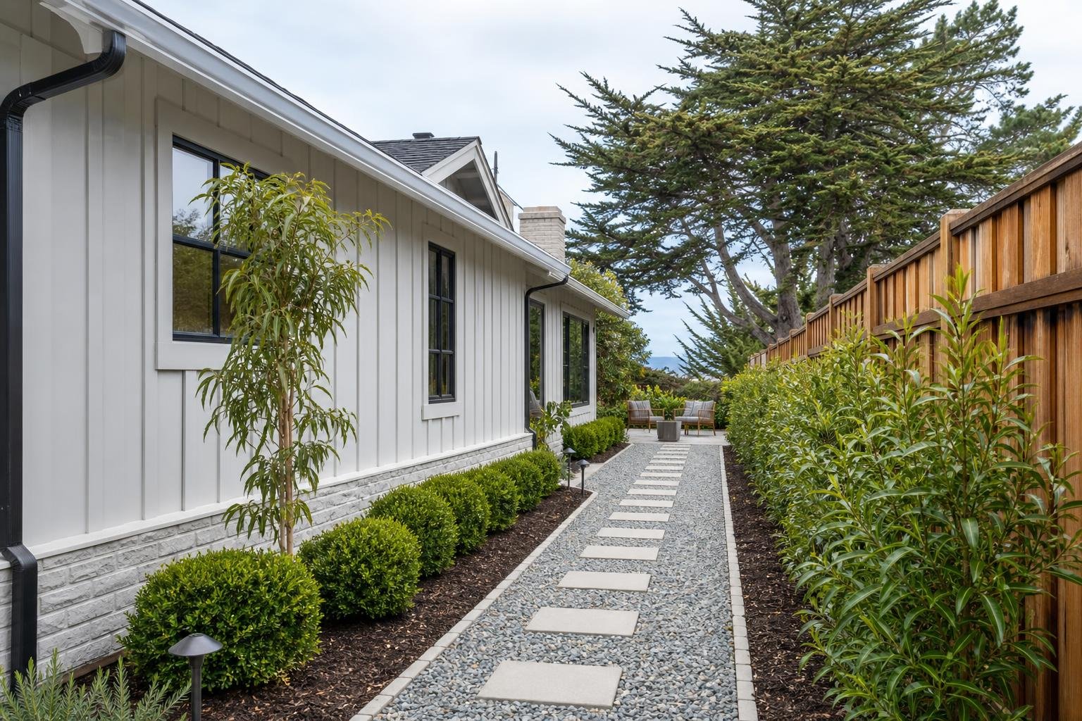 A landscaped side yard runs alongside a white house with a gravel-and-step pathway leading toward a seating area in the background.