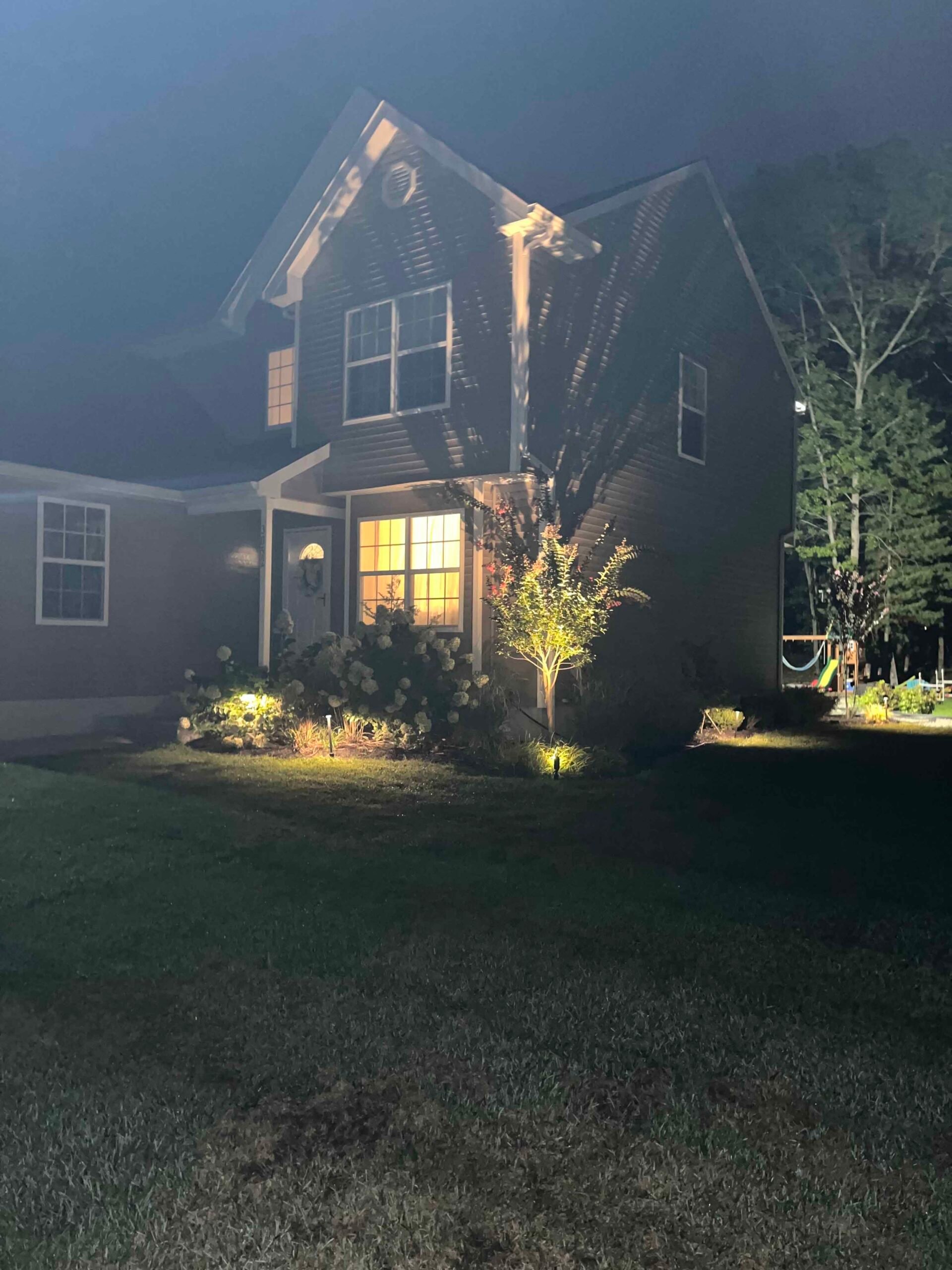 Nighttime view of a two-story house with low-voltage landscape spotlights illuminating a small ornamental tree and hydrangea shrubs in a front planting bed. Ground-level path lights accent the bed border against a freshly mowed lawn.