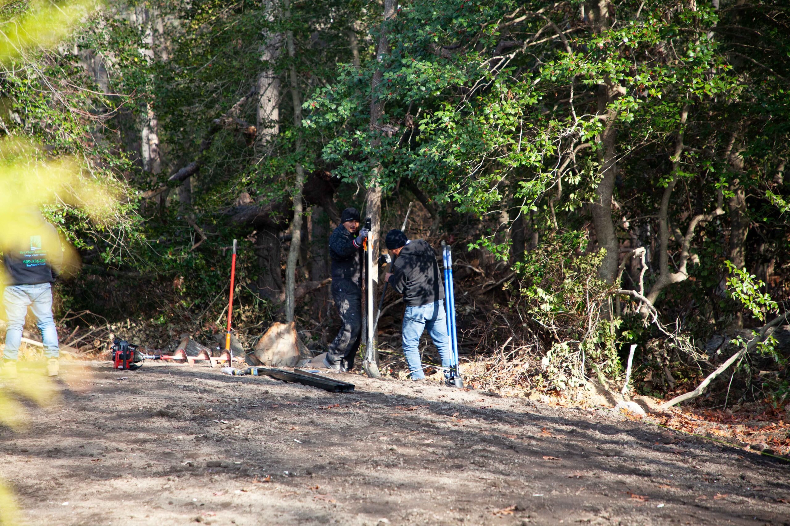 A crew of workers uses survey stakes and hand tools to clear and grade along a dense wooded tree line of mixed evergreen and deciduous trees. The ground is bare soil and leaf debris, indicating active land clearing work.